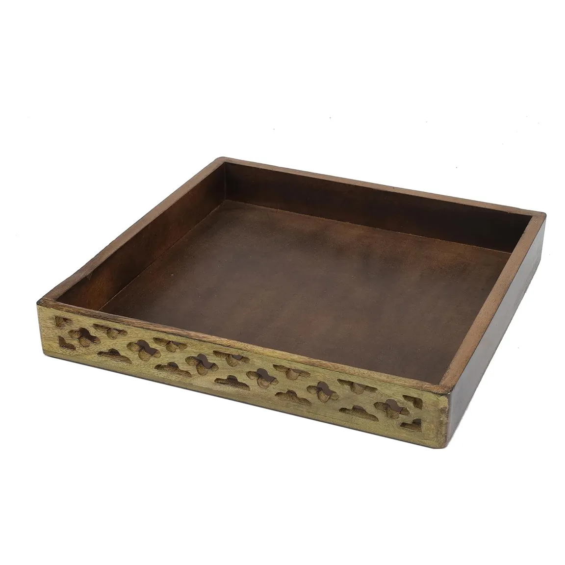 Handcrafted Art Deco Mango Wooden Serving Tray with Scalloped Edges - 12-Inch Square Vanity Tray Display - Made in India