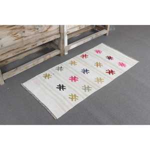 Tapis Kilim, tapis vintage 1,8x3,8 pieds, tapis blanc uni en laine - Product Image 1