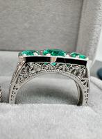 Cincin 3 Batu Moissanite Zamrud Asli Buatan Tangan Gaya Art Deco Vintage Perak 925 Klasik Berlapis Emas Perhiasan Pernikahan