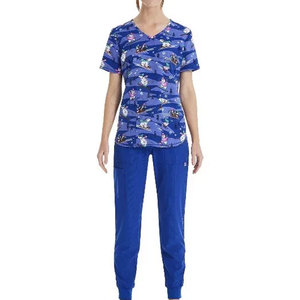 Women's Blue Ski Polar Bear Print 100% Cotton <b>Scrub</b> <b>Top</b> with Pocket Hospital Uniforms - Product Image 6