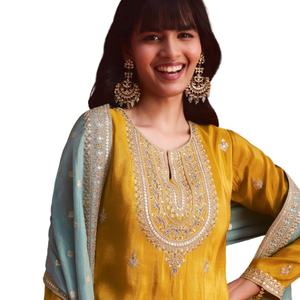 Traje de tejido amarillo bordado Kurta Palazzo, venta al por mayor, Ropa Étnica para mujer, proveedor de fábrica OEM, traje de fiesta de boda personalizado - Product Image 5