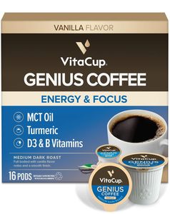 VitaCup Genius Vanilla Keto Coffee Pods w/MCT Oil, Turmeric, B Vitamins, & D3 for Energy & Focus in Single Serve Pod 16 CT - Product Image 6