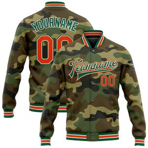 Chaqueta Universitaria Personalizada al por Mayor, de Cachemira Recubierta, con Diseño de Camuflaje Naranja-Verde Kelly, Estilo Bomber, con Botones a Presión, Estilo Letterman, Homenaje al Servicio - Product Image 1