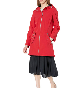 Women's Red Long <b>Hooded</b> Waterproof Softshell <b>Jacket</b> With Zip Closure And Pockets Regular Fit Winter Outerwear - Product Image 1