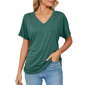 T-shirts vêtements décontractés femmes col en v t-shirts couleur unie teint haute qualité Logo personnalisé sans manches femmes T-shirts à col en V - Product Image 1