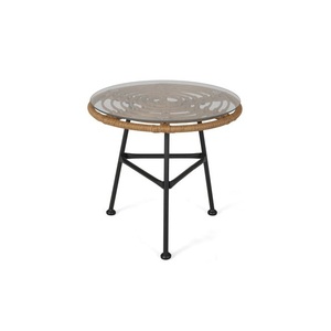 Muebles artesanales para sala de estar, mesa de centro de forma redondeada, diseño moderno, mesa de centro de ratán Natural con ratán superior de vidrio - Product Image 1
