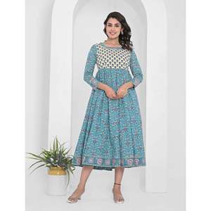 Vestido Anarkali Largo de Algodón con Estampado Azul, Cintura Imperio, Estilo Boho, Transpirable, Personalizable, ODM Gratuito para Uso Casual o de Noche - Product Image 1
