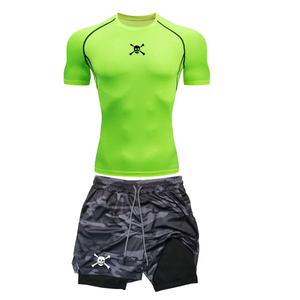 Nouveaux ensembles de course de sport à manches courtes collants extensibles T-shirt Double Shorts Sports 2 pièces ensembles imprimés Gym Training Wear Summer - Product Image 1