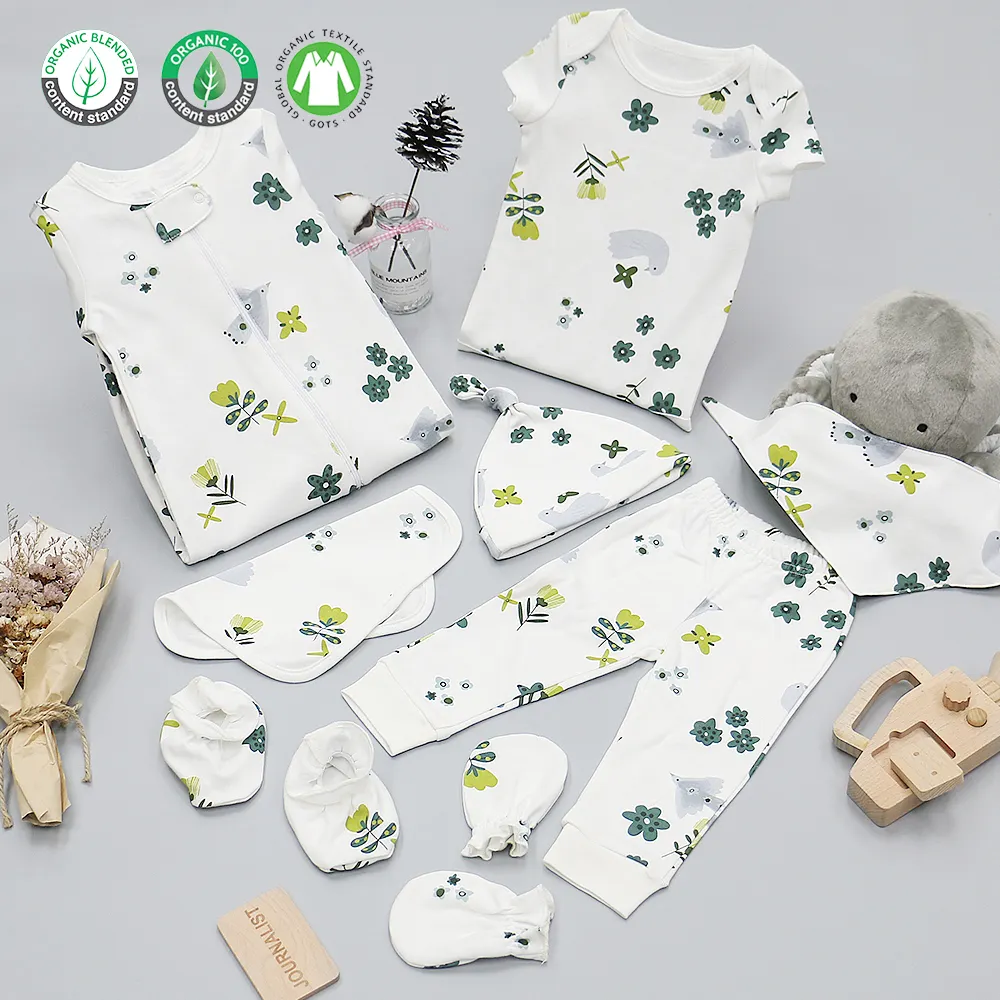 Custom Gots Gecertificeerd Biologisch Katoen Baby Cadeau Set 100% Katoenen Stof Nachtkleding Baby Onesie Set Pasgeboren Baby Kleding Set