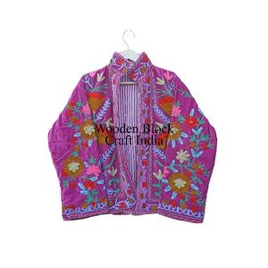 Veste courte pour femme faite à la main, automne-hiver, multicolores, motif brodé en rayures Suzani, tissu en coton imprimé, matelassé - Product Image 1
