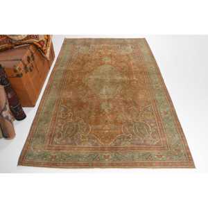 0.4x7.2 ft Vintage Rug, Turkish <b>Runner</b> Rug, Brown <b>Green</b> Bordered Rug - Product Image 1