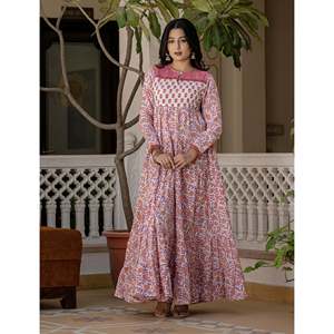 White Pink Jaal Cotton <b>Block</b> <b>Printed</b> Anarkali Dress for Girls Pakistani & Indian Style Ethnic Wear Salwar Kameez for Parties - Product Image 4