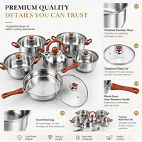 Ensemble de 12 ustensiles de cuisine en acier inoxydable, casseroles et poêles avec couvercles en verre et poignées imitation bois pour cuisinière à induction