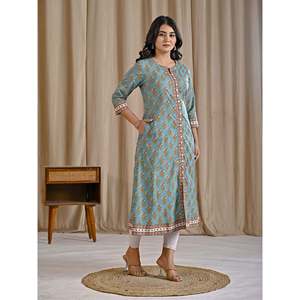 Sea Green Block Printed Aline <b>Kurti</b> Traditional Indian Ethnic Long Cotton <b>Kurti</b> for Daily Wear Parties Floral Stitched Rayon - Product Image 6