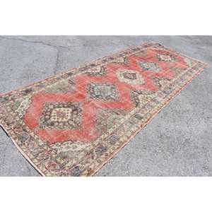 4.8x12.4 ft Turkish Vintage <b>Runner</b> Rug Eco-Friendly Patchwork Design <b>Red</b> Blue Bordered Wool Rug with Latex Backing - Product Image 2