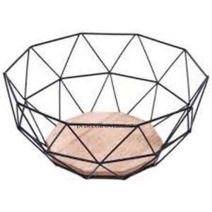 Panier de stockage unique de fruits et de pain de concepteur de fantaisie en métal résistant enduit de poudre de couleur noire avec la base de marbre d'Inde - Product Image 2