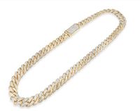 Chaîne gourmette cubaine en or jaune 14 carats et argent sterling 925 avec perles rondes blanches, qualité AAAA, testée, style de luxe