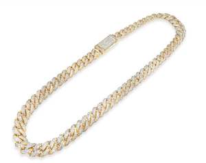 Chaîne cubaine en or jaune 14 carats avec diamants, chaîne à maillons en argent sterling 925 avec perles rondes blanches, testée et approuvée, style luxueux - Product Image 4