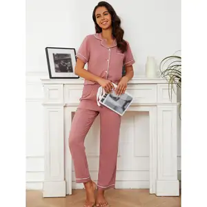 Manufacturer Casual Women Pajamas Autumn Long Sleeve Turn Down Collar Long Length Pants Housewear Nightwear Soft Pj Lounge Sets
