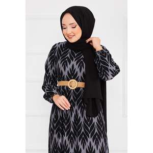Vestido Hijab de crepé gris con cinturón con un modesto patrón de palmera - Product Image 3