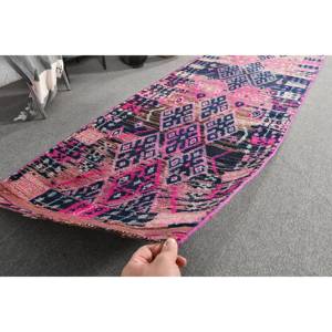 พรมตุรกีโบราณสีชมพูและสีฟ้าแบบดั้งเดิมพรมห้องนั่งเล่น2.6x9.7ft ขนสัตว์มีการออกแบบเย็บปะติดปะต่อกันดีไซน์แบบดั้งเดิมสำหรับวัยรุ่นที่มีแผ่นรองด้วยน้ำยาง - Product Image 5