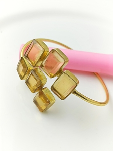 Multi Stone Bracelet jonc en calcédoine rose véritable Texture martelée Laiton massif plaqué or Manchette double couche - Product Image 3