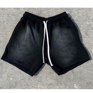 2024 cordón lavado ácido bordes crudos Vintage liso francés Terry algodón polar Jogger deportes desgastado algodón sudor pantalones cortos para hombres - Product Image 5