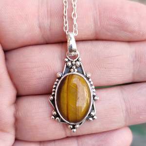 Handmade Boho <b>Silver</b> <b>Necklace</b> with Natural Tiger's Eye Gemstone <b>Locket</b> Pendant Stylish <b>Sterling</b> <b>Silver</b> Jewelry Gift for Her - Product Image 4