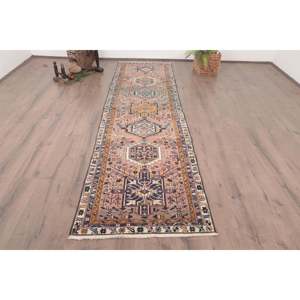 Alfombra Vintage de Estilo Runner de 2.8x10.3 pies (86x314 cm), Alfombra Turca Azul con Diseño de Patchwork - Product Image 1