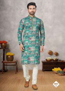 Conjunto de Kurt con estampado digital de ropa india y pakistaní de algodón pesado para hombre con Secuencia de Lakhnowi con seda artística de trabajo Pintex - Product Image 5