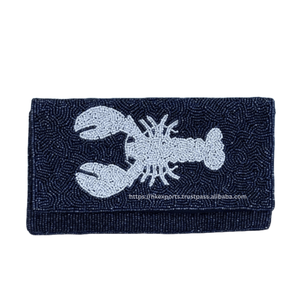 Sac à main en broderie de homard blanc fait à la main, sac à main en perles, sac de soirée fait à la main, sac à main bleu marine - Product Image 1