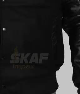 black <b>Wool</b> and <b>White</b> Genuine Leather Sleeves with Hoodie Letterman Baseball - Product Image 5