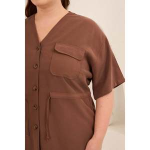 Waist Lace-Up Detail V-Neck Women's Plus Size Jacket Trousers <b>Set</b> Brown - Product Image 3