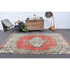Tapis Kilim Turc Rouge Vert Vintage Classique Grande Surface 5'1X9'1 ft Laine 10mm Patchwork Latex pour Couloir Rectangle Chambre - Product Image 1