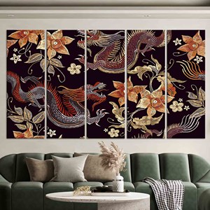 Toile d'art imprimée avec des dragons et des fleurs : décoration murale élégante à motifs asiatiques, lot de 5 toiles - Product Image 1