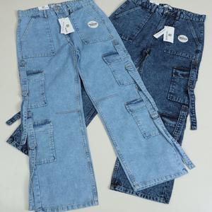 Moda holgada moda Casual cintura alta pierna ancha 8 bolsillos Cargo Denim Jeans mujer pantalón con bolsillo venta al por mayor señoras niñas Jeans - Product Image 5