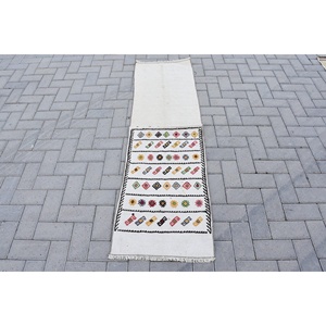 Turkish Rug, <b>Runner</b> 1.7x5.6 ft Vintage Rug, White <b>Black</b> Floral Wool Rug - Product Image 1