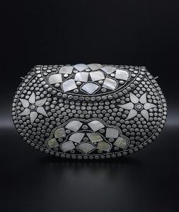 Trendy Vintage Bohemian <b>Silver</b> Evening Designer <b>Clutch</b> Handmade Luxury Indian Resin Brass Mosaic Metal <b>Bag</b> Lady Style Ready Ship - Product Image 1