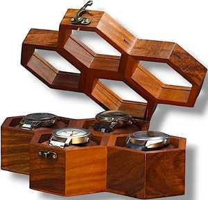 Boîte à montre en bois rectangulaire de qualité d'exportation pour homme, design en nid d'abeille gravé sur mesure, fabrication artisanale, luxe moderne, écologique, durable - Product Image 3