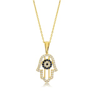 Hamsa <b>Eye</b> Sapphire CZ Stone Design Charm <b>Necklace</b> Pendant <b>Turkish</b> Handmade Wholesale 925 Sterling Silver Jewelry - Product Image 4