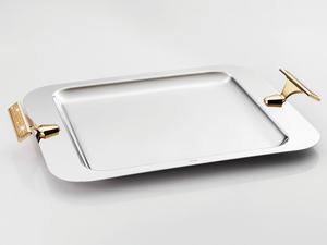 Plateau décoratif en métal doré Accent glamour contemporain pour décoration de table Plateau en métal rustique avec poignées - Product Image 3