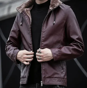 Nouvelle veste en cuir décontractée mince pour hommes avec col en fourrure coupe-vent à capuche automne hiver Style Streetwear grande taille disponible - Product Image 4