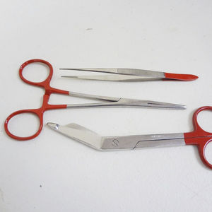 Tijeras para vendajes Lister de acero inoxidable, manuales, de material sólido, rojas, de 4.5 pulgadas, y hemostato y pinzas para astillas de 5.5 pulgadas - Product Image 1