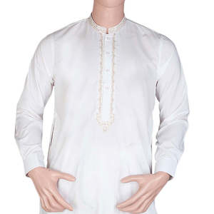 Shalwar Kameez brodé à col bandoulière pour homme - Blanc cassé - Product Image 3
