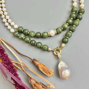 Jade and Pearl Necklace Set for Women, Baroque Pearl Pendant, <strong>Wife</strong> Anniversary <strong>Birthday</strong> <strong>Gift</strong> - Product Image 4