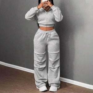 Survêtement pour femmes, sweat à capuche à fermeture éclair et pantalon large, ensemble 2 pièces, vêtements de sport décontractés, tenue de détente - Product Image 6
