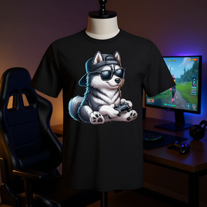 T-Shirt con Husky che Gioca a Videogiochi, Divertente Gadget Promozionale per Appassionati di Videogiochi - Product Image 3
