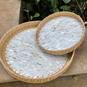 Luxury Modern Design Handcrafted Natural Rattan Serving <b>Tray</b> With MOP Inlay <b>Round</b> <b>Trays</b> For <b>Table</b> Decorative Wholesaler India - Product Image 2