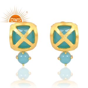 Superventas Plata de Ley 925 18K Flash chapado en oro Aqua Calcedonia piedra preciosa Stud pendiente Demi joyería fina para mujer - Product Image 1