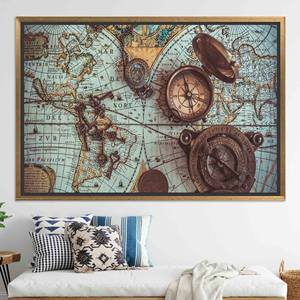 Impression sur toile de carte du monde antique : Art mural avec boussole en laiton, TOILE ENCADRÉE DORÉE - Product Image 1